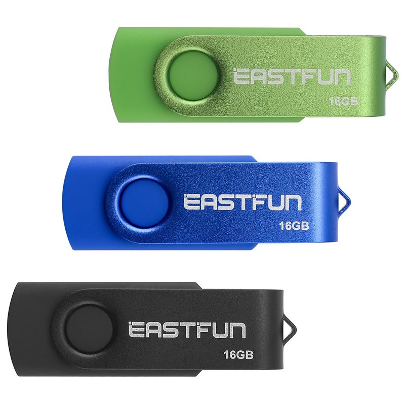 EASTFUN 3 Pcs 16GB USB 2.0 Flash Drive Fold Storage Memory Stick Thumb Drive Swivel Design, Mix Colors (Black Blue Green) - Image 1